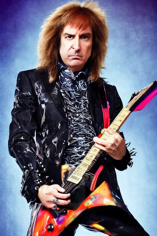 Image similar to saul goodman in a rock band, glam rock makeup, shredding playing guitar, hd image, on stage