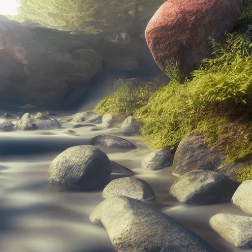 Prompt: a beautiful landscape, river, rocks, trees, volumetric lighting, octane render