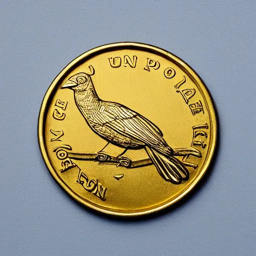 Prompt: a gold coin depicting a stoic crow, london mint, very detailed, artstation, full frame, dramatic shading, jonathan pointer, janie penny,