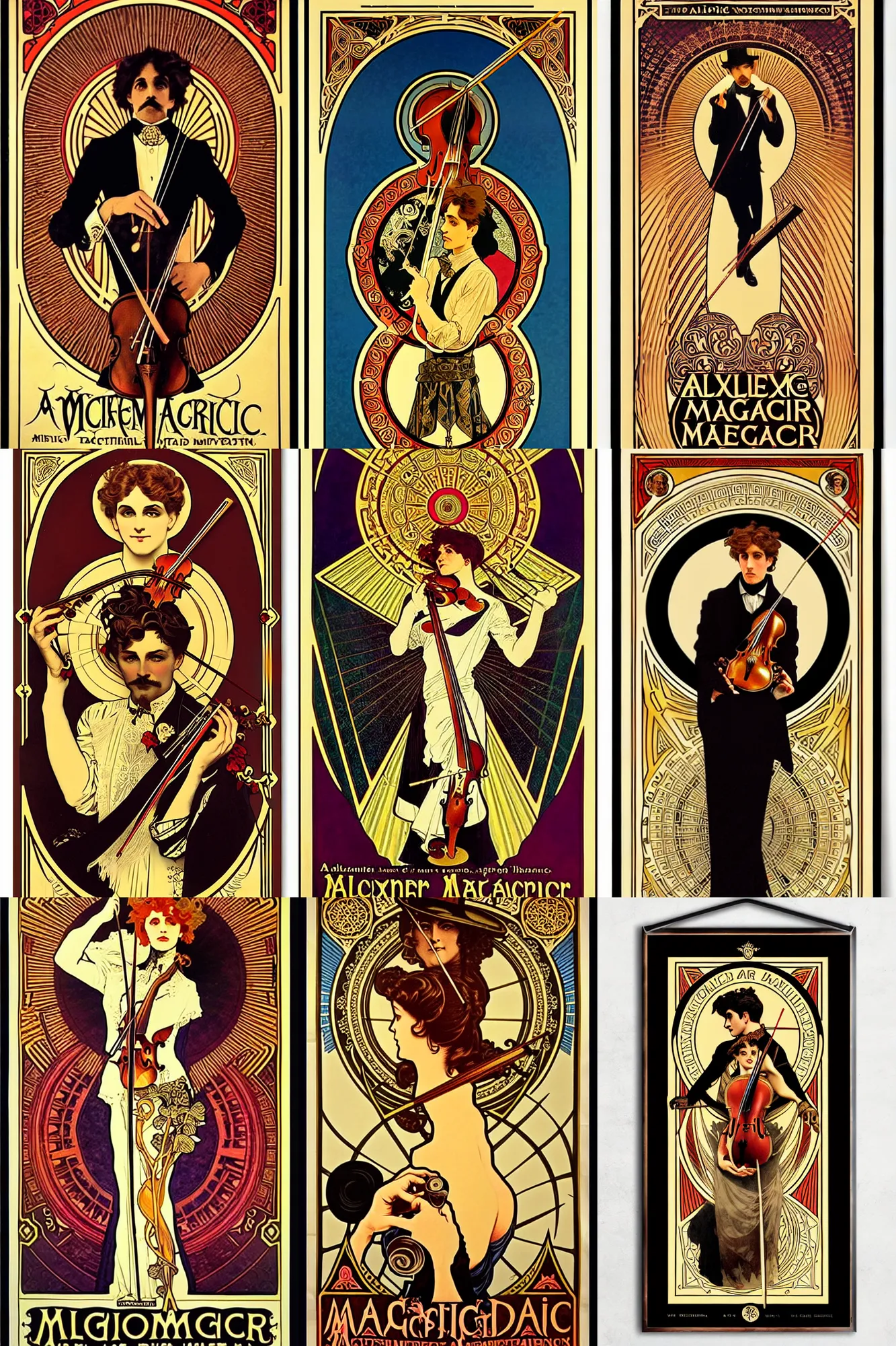 Prompt: victorian magic poster, alexander the magician who knows, designed by shepard fairey and alphonse mucha, rule of thirds, golden ratio, madly elegant, violin case