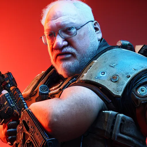 Prompt: george r. r. martin in gears of war destiny 2 overwatch witcher 3 god of war tomb raider cyberpunk 2 0 7 7 doom, highly detailed, extremely high quality, hd, 4 k, professional photographer, 4 0 mp, lifelike, top - rated, award winning, realistic, detailed lighting, detailed shadows, sharp, edited, corrected, trending