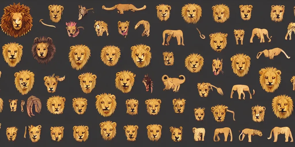 Prompt: game asset of unique lion heads on black background, organic, vibrant color palette, smooth vector lines, toon shading, 5 colors, solid colors, flat 2 d design, 2 d sprites, 8 k, close up