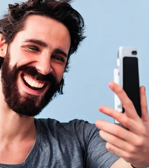 Image similar to Jesus taking a selfie. He is laughing. Professional photo