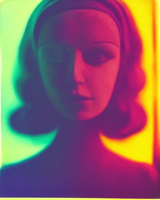 Prompt: cut and paste, featureless surprised robotic woman's face, strange bob hair, dark makeup, violet and yellow and green and blue lighting, polaroid photo, 1 9 6 0 s, atmospheric, whimsical and psychedelic, grainy, expired film, super glitched, corrupted file, ghostly, bioluminescent glow, sci - fi, twisty