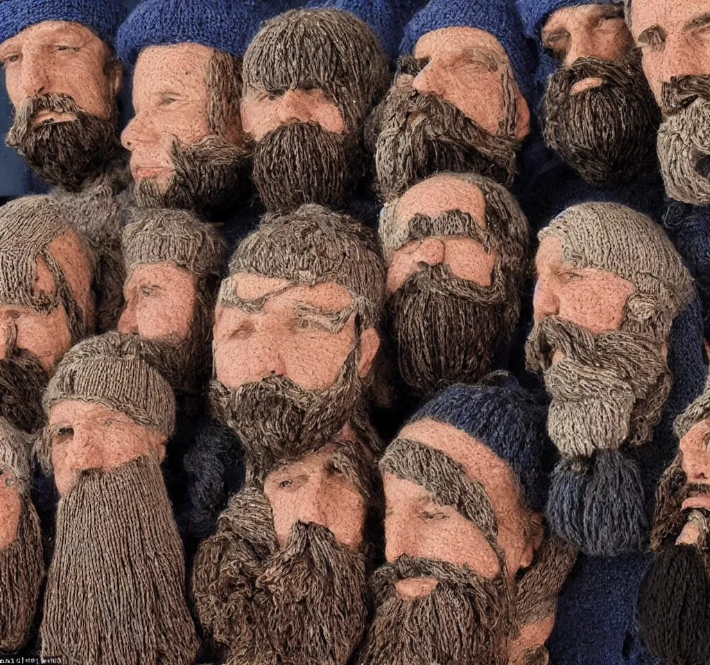 Image similar to some people that i had read about had knitted all of their beards together, a macrame homage to a better life, a tapestry depicting human failure, in real time and in three or four dimensions. they had been put in prison after they had knitted themselves to a shoplifter in solidarity