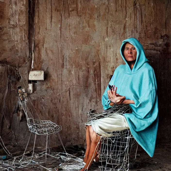 Prompt: closeup portrait of a woman with a hood made of wire and rainbows, sitting in a chair in a derelict house, by Annie Leibovitz and Steve McCurry, natural light, detailed face, CANON Eos C300, ƒ1.8, 35mm, 8K, medium-format print