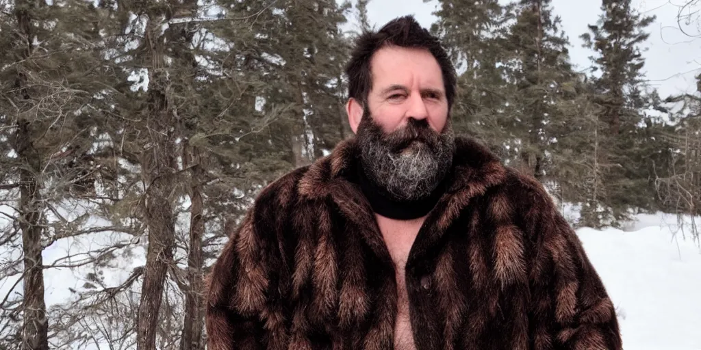 Image similar to a middle - aged burly lumberjack with a beard, dark hair, wearing a fur coat