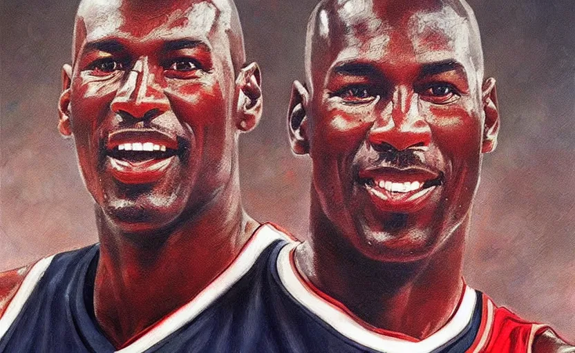 Image similar to beautiful portrait of Michael Jordan at a basketball stadium, NBA Finals, oil painting of Michael Jordan, masterpiece, highly detailed and ultra realistic, trending on artstation; portrait of Michael Jordan