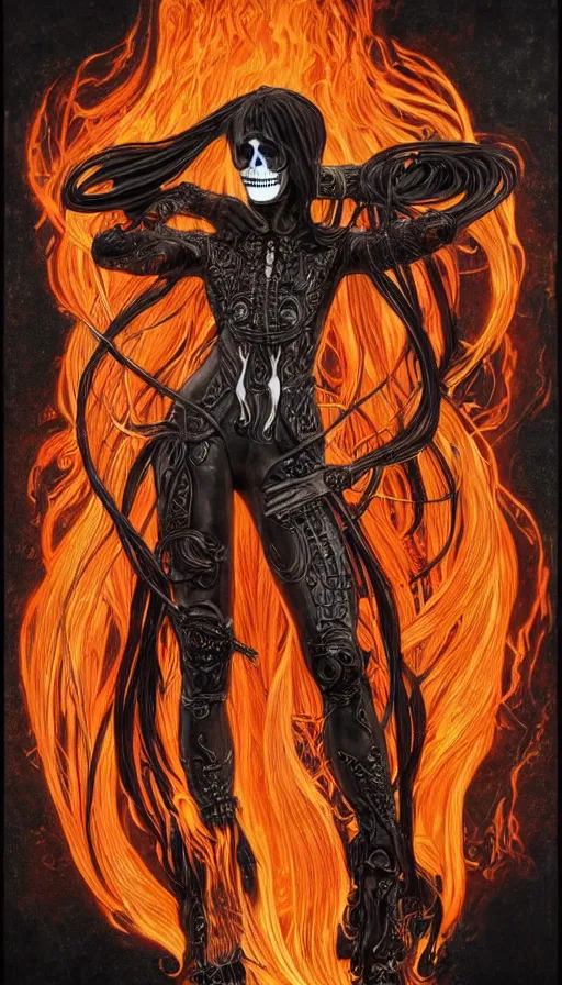 Image similar to a finely detailed beautiful!!! feminine cyberpunk ghost rider with skull face and long flowing hair made of fire and flames, dressed in black leather, by Alphonse Mucha, designed by H.R. Giger, legendary masterpiece, stunning!, saturated colors, black background, full body portrait, zoomed out to show entire image, trending on ArtStation