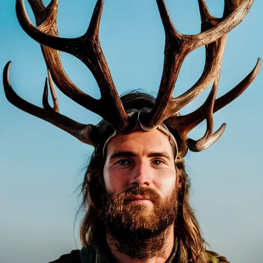 Prompt: a head and shoulders action portrait photo of a knight in an antlered helmet