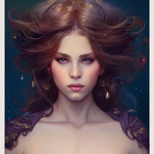 Image similar to character portrait by Magali Villeneuve and Steve Argyle,Livia Prima,Mucha,dress,fantasy art,beautiful,artstation,trending on artstation,intricate details,alluring,masterpiece