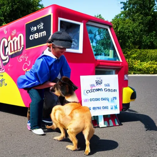 Prompt: dog selling ice cream from an ice cream van