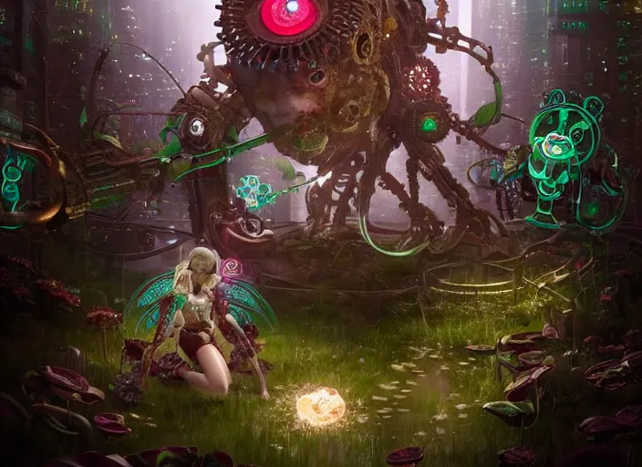 Image similar to intricate mechanical fairy with visible gears having tea with a cyborg demon in a magical forest, having tea with a giant minotaur. Very detailed 8k. Fantasy cyberpunk horror. Sharp. Cinematic post-processing