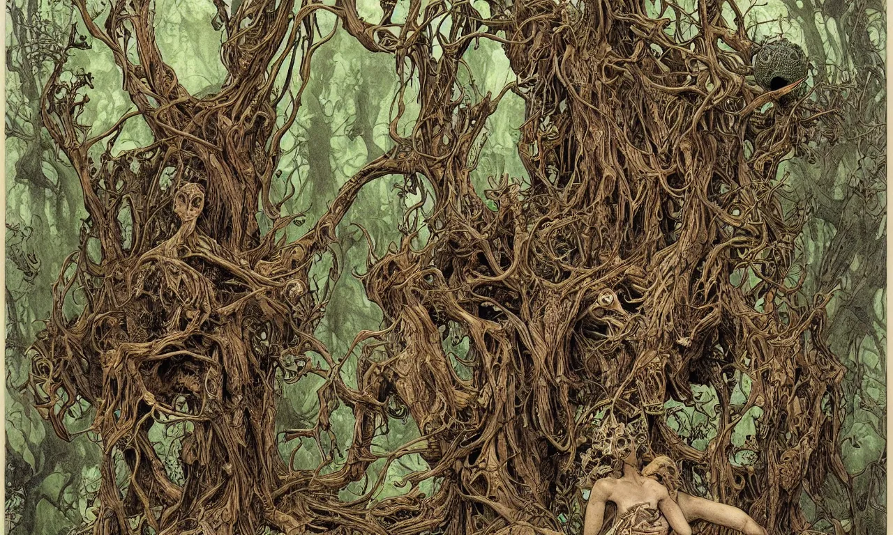 Image similar to hyperdetailed art nouveau portrait of treebeard and old groot as a cthulhu eyeball moose skull wendigo swamp thing creatures, by michael kaluta, pushead and bill sienkiewicz, photorealism, claws, skeleton, antlers, fangs, forest, wild, bizarre, scary, lynn varley, lovern kindzierski, steve oliff