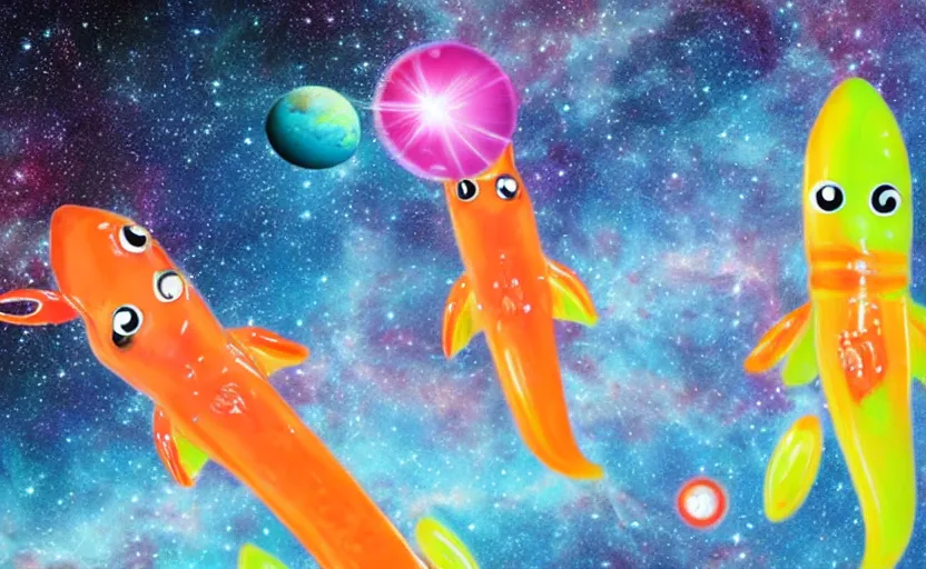 Image similar to a giant water slide through space with shrimp characters on it, colorful nebula's, earth in the background