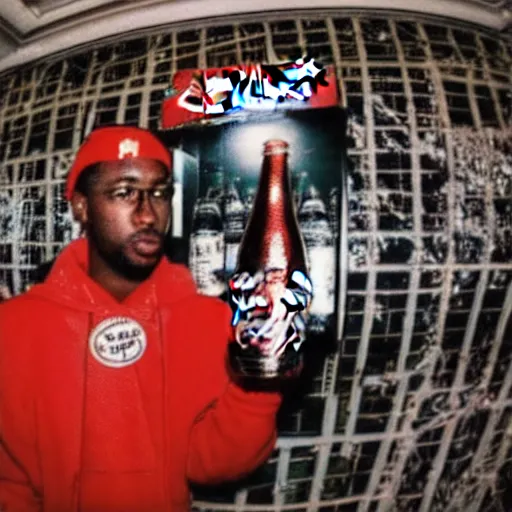 Prompt: 1 9 9 0's rapper holding a bottle of coca - cola, fisheye lens