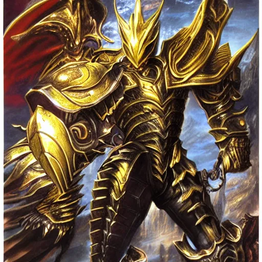 Image similar to golden dragon born fighter wearing plate armor, matte painting, painted by yoshitaka amano