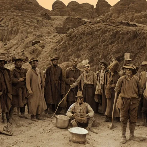 Image similar to ultra detailed photorealistic sepia - toned photo from 1 9 1 7, clean - shaven british soldiers standing with bedouin traders in traditional arab garb, at an archaeological dig site in wadi rum, ultra realistic, painted, intricate details, lovecraft, atmospheric, dark, horror, brooding, highly detailed, by clyde caldwell