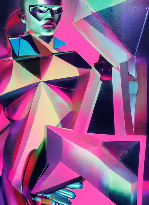 Image similar to futuristic fine lasers tracing, data visualization, cyberpunk bodysuit, tesseract, laserpunk, blindfold pyramid visor, rain, wet, oiled, sweat, girl pinup, by steven meisel, kaws, james jean and rolf armstrong, geometric cubist perfect geometry abstract acrylic and hyperrealism photorealistic airbrush collage painting with monochrome and neon fluorescent colors, eighties eros