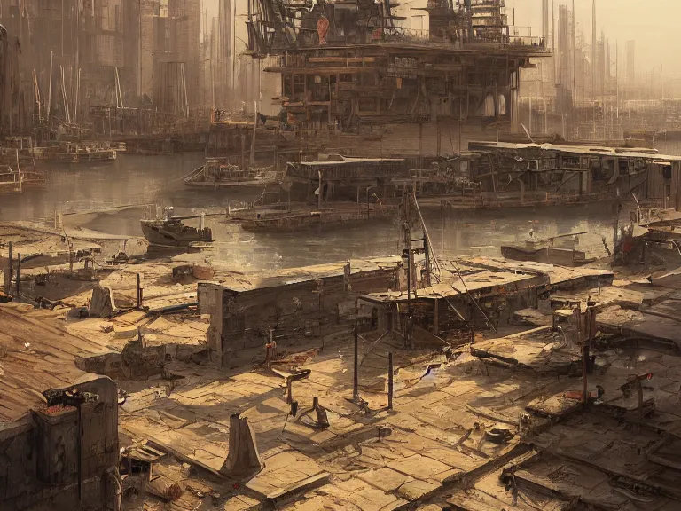 Image similar to a harbor with a concrete dock and a storage facility, summer season, very hot, dry desert, architecture, a realistic digital painting by greg rutkowski and james gurney, trending on artstation, highly detailed
