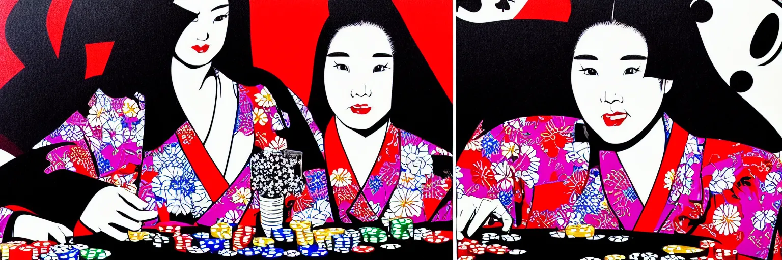 Image similar to hyperrealism composition of the detailed woman in a japanese kimono sitting at an extremely detailed poker table with darth vader, terminator, fireworks on the background, pop - art style, jacky tsai style, andy warhol style, acrylic on canvas