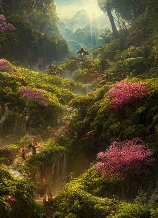 Image similar to in the distance a symmetrical fairy flying in a lord of the rings scenery landscape, a vast lush valley flowers and wood structures, stream, sunrise, god's rays highly detailed, vivid color, cinematic lighting, perfect composition, 8 k, gustave dore, derek zabrocki, greg rutkowski, belsinski, octane render