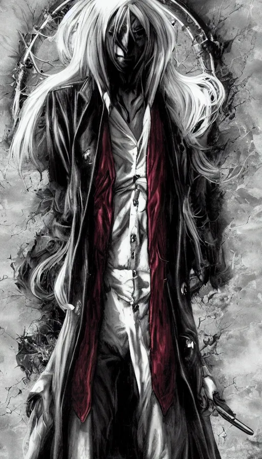 Prompt: ''alucard from hellsing, vampire, creepy art, photorealistic, digital paintting, concept art, 4 k''