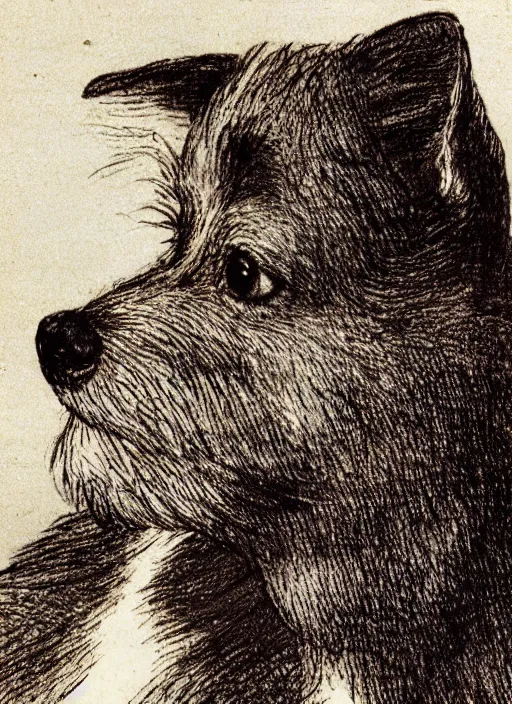 Image similar to closeup candid portrait of a jack russel terrier howling up, illustrated by peggy fortnum and beatrix potter and sir john tenniel