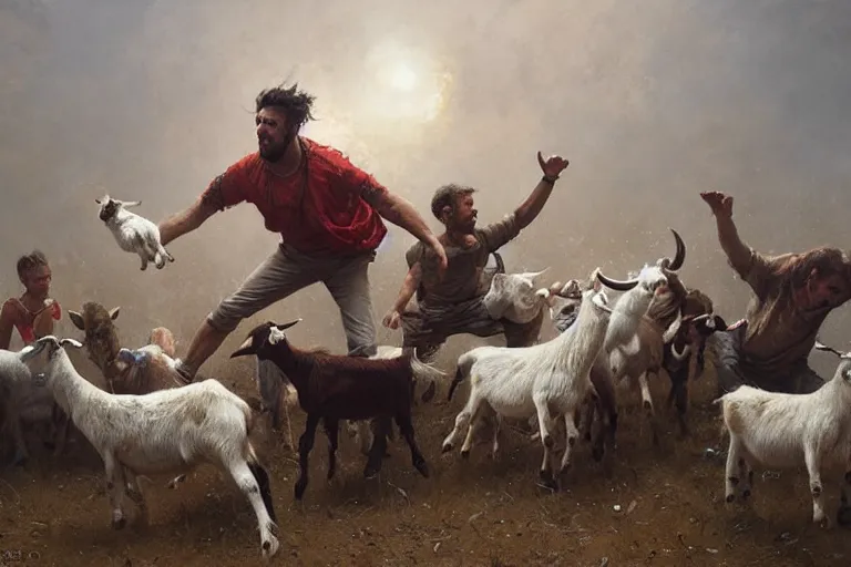 Image similar to madman dancing with goats by greg rutkowski, detailed oil painting masterpiece