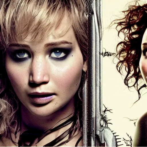 Prompt: promo of Jennifer Lawrence starring in Tim Burton's Eve Scissors, a 2029 update of Edward Scissorhands