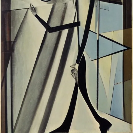 Image similar to a 1912 modernist painting by Marcel Duchamp of a woman walking downstairs, depicting motion by successive superimposed images. Cubist. Futurist.