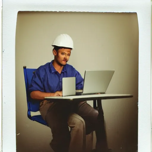 Image similar to a polaroid photo of man using a laptop inside in warehouse, he sitting on chair and small table, he's wearing blue cloth and construction hat, photo from behind, high details, perfect face shape