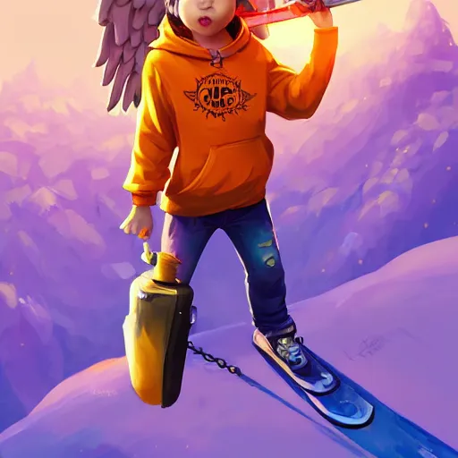 Image similar to baby Angel cherub ski mask orange hoodie, golden necklace fantasy art apex fortnite Video game icon, 2d game art gta5 cover , official fanart behance hd artstation by Jesper Ejsing, by RHADS, Makoto Shinkai and Lois van baarle, ilya kuvshinov, rossdraws