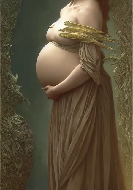 Image similar to pregnant sansa creepy, intricate, elegant, highly detailed, digital painting, artstation, concept art, smooth, sharp focus, illustration, art by artgerm and greg rutkowski and alphonse mucha and william - adolphe bouguereau