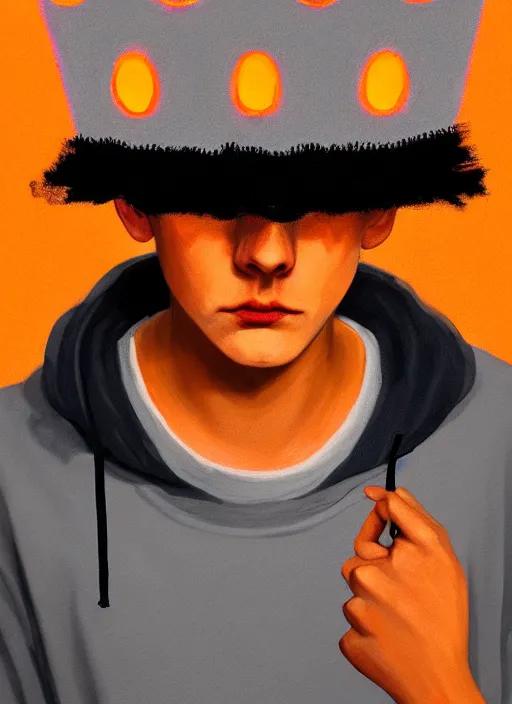 Image similar to portrait of teenage jughead jones wearing a light grey crown, symmetrical crown, sweater with picture of hamburger, eyes closed, crown, black hair, orange, intricate, elegant, glowing lights, warm lighting, highly detailed, digital painting, artstation, concept art, smooth, sharp focus, illustration, art by wlop, mars ravelo and greg rutkowski