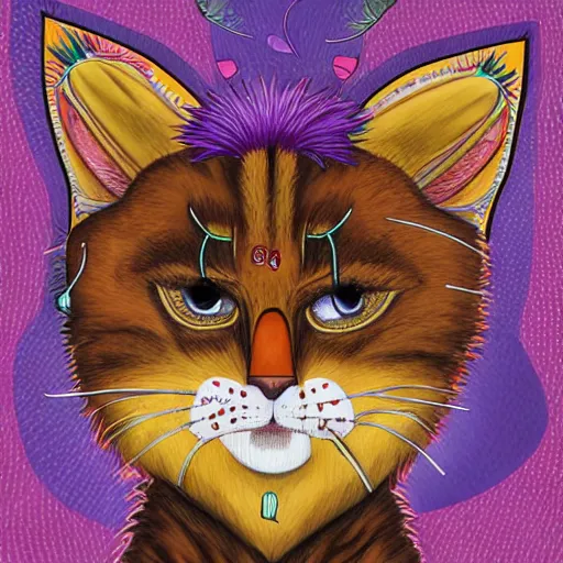 Image similar to anthropomorphic portrait man man wearing kitty cat costume cat-faced kitty cat furry wearing a goldenrod hoodie calico juggalo man fuzzy ears eyes nose portrait ishbel myerscough illustration tombow