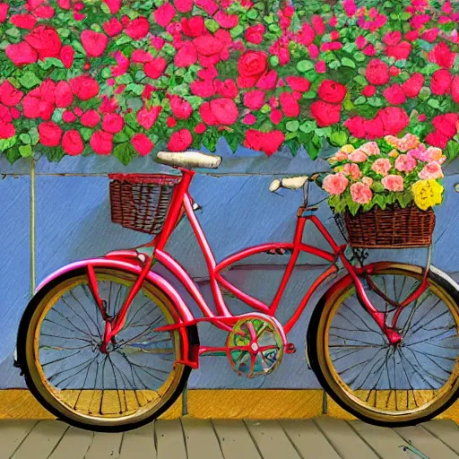 Prompt: a beautiful storybook painting of a vintage yellow Schwinn bicycle with a basket of red roses on the front propped up against a blue wall, anime style and Studio Ghibli, nostalgic heart-warming, trending on artstation hq