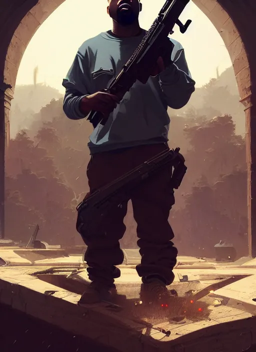 Image similar to highly detailed portrait kanye west holding gun gta v stephen bliss unreal engine fantasy art by greg rutkowski loish rhads ferdinand knab makoto shinkai lois van baarle ilya kuvshinov rossdraws tom bagshaw global illumination radiant light detailed intricate environment