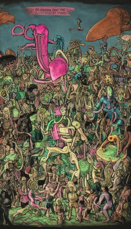 Image similar to a xenomorphic pink and green cyborg elephant playing piano in the middle of a liminal satanic landscape, a crowd of blue necromancers watching the show