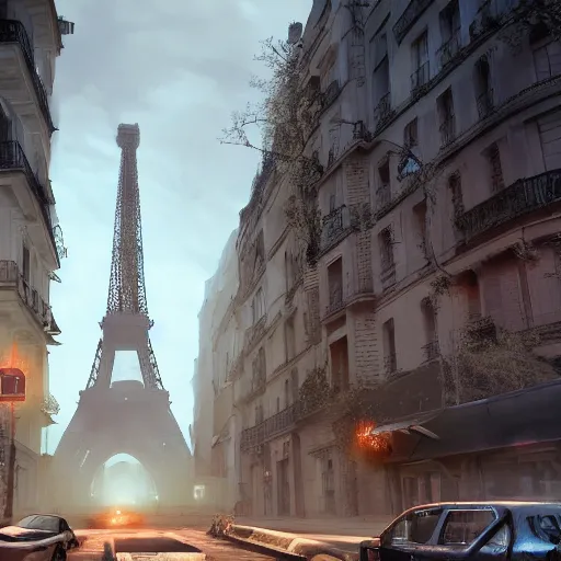 Image similar to post apocalyptic Paris with Eiffel tower, artstation, concept art, unreal engine, 8k, photorealistic