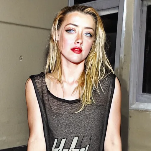 Image similar to a weathered Amber Heard in prison outfit in jail with prison tattoos all over her arms