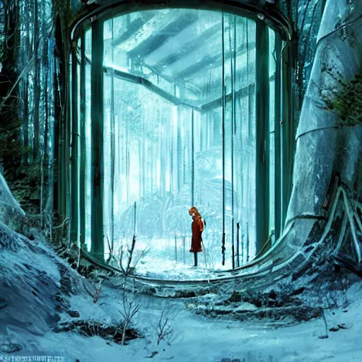 Prompt: frozen derelict portal in a middle of a snowy lush futuristic forest, engine tubes around the portal, green lush world seen only through a portal, daylight, cinematic lighting, blue sky, syd mead, john harris