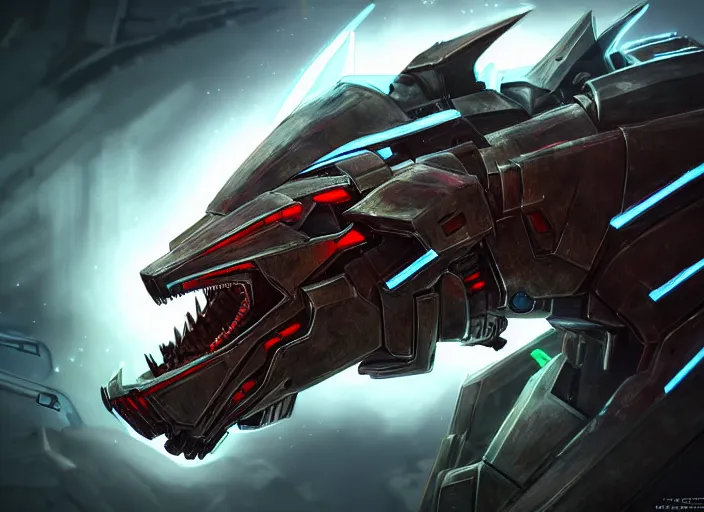 Image similar to hyper realistic, epic, highly detailed cinematic fukll, shot of a gigantic feral robot mecha canine, sharp dragon claws, detailed glowing head, metal ears, cannon mounted on back, sleek armor, glowing visor, detailed sharp claws, digital art, furry art, macro art, dragon art, furaffinity, deviantart, sofurry