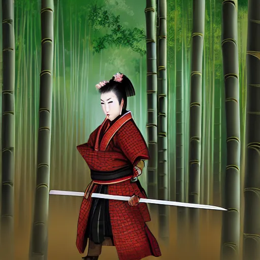 Image similar to Female Samurai in full traditional armor, with a katana and wakizashi, standing in a bamboo forest, digital painting, by Sakimi Chan, artstation, 4k