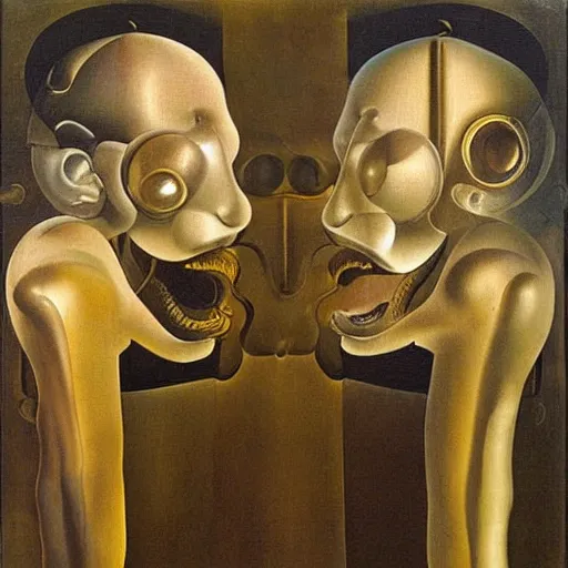 Image similar to Oil painting by Dali. Two mechanical gods with animal faces having a conversation. Oil painting by Hans Bellmer.