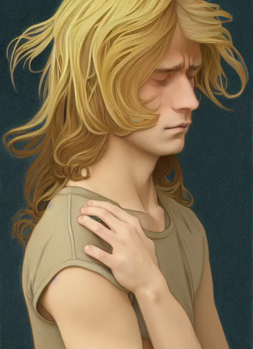 Image similar to pretty young man with shoulder length shiny shimmering golden blond hair, head down, shy, sad, scared, path traced, highly detailed, high quality, digital painting, by studio ghibli and alphonse mucha, leesha hannigan, disney