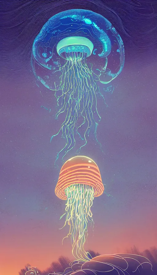 Image similar to a lot of little luminous jellyfish floating on cosmic cloudscape at sunset, futurism, dan mumford, victo ngai, kilian eng, da vinci, josan gonzalez