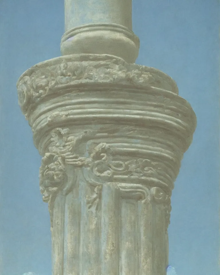 Image similar to achingly beautiful print of intricate ancient roman corinthian capital on a baby blue background by rene magritte, monet, and turner.