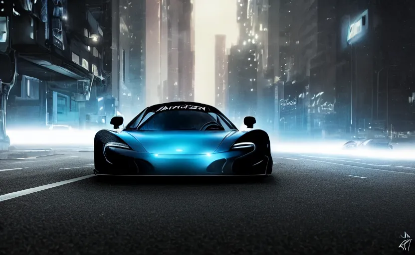 Prompt: a black Mclaren F1 in the streets at night whit cyan headlights on, by Khyzyl Saleem, night time, Cloudy weather, atmospheric, artstaion, concept art, illustration, sharp focus, high detail, octane render, cyberpunk, intimidating