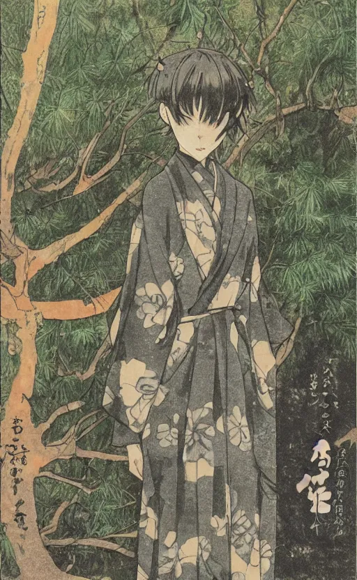 Image similar to by akio watanabe, manga art, dirt and japanese pines, trading card front, kimono, realistic anatomy, sun in the background